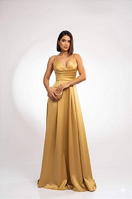 VESTIDO LONGO ZIBELINE DE ALCINHA DRAPEADO NO PEITO COM FENDA AMARELO MANTEIGA