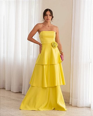 VESTIDO LONGO ZIBELINE TOMARA QUE CAIA SAIA TRÊS MARIAS  AMARELO