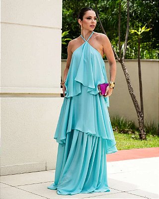 VESTIDO LONGO CREPE DE SEDA FRENTE UNICA SAIA TRÊS MARIAS  VERDE TIFFANY