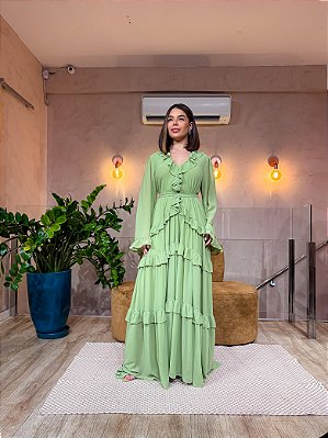 VESTIDO LONGO CHIFFON DECOTE V MANGA LONGA COM BABADOS VERDE MENTA