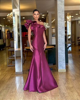 VESTIDO LONGO ZIBELINE UM OMBRO SÓ COM LAÇO SEREIA PINK