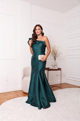 VESTIDO LONGO ZIBELINE UM OMBRO SÓ COM LAÇO SEREIA  VERDE ESMERALDA