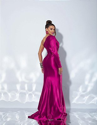 VESTIDO LONGO PRADA OMBRO SO COM RECORTE CINTURA BUSTO FUCSIA