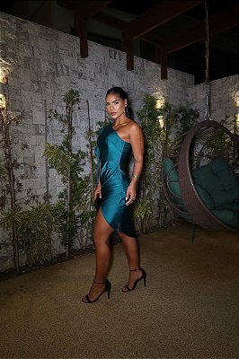 VESTIDO MIDI PRADA COM FENDA E CAPA ALONGADA VERDE ESMERALDA