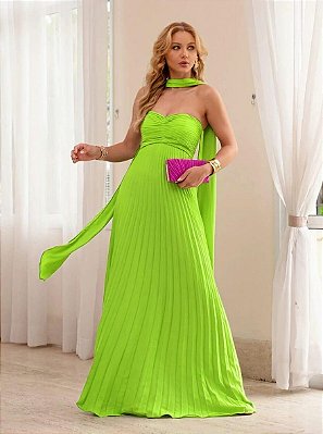 VESTIDO LONGO CHIFFON PLISSADO TOMARA QUE CAIA VERDE LIMA
