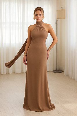 VESTIDO LONGO GOLA ALTA SEDA COM AMARRAÇÃO COSTA NUA  MARROM