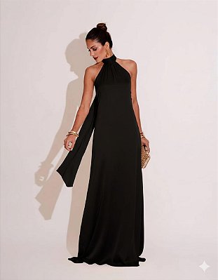 VESTIDO LONGO GOLA ALTA SEDA COM AMARRAÇÃO COSTA NUA PRETO