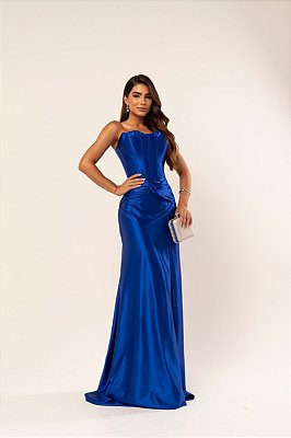 VESTIDO LONGO PRADA COM ELASTANO TOMARA QUE CAIA COM DETALHE DRAPEADO NA CINTURA AZUL ROYAL