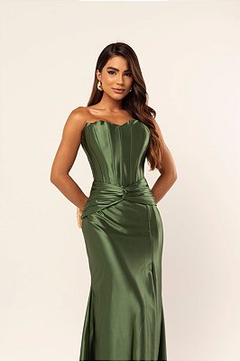 VESTIDO LONGO PRADA COM ELASTANO TOMARA QUE CAIA COM DETALHE DRAPEADO NA CINTURA VERDE OLIVA