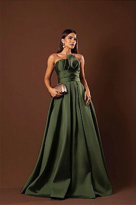 VESTIDO LONGO ZIBELINE TOMARA QUE CAIA DRAPEADO ABAIXO DO PEITO FAIXA ACINTURADA E FENDA VERDE OLIVA