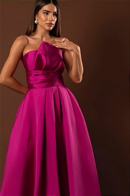 VESTIDO LONGO ZIBELINE TOMARA QUE CAIA DRAPEADO ABAIXO DO PEITO FAIXA ACINTURADA E FENDA PINK