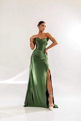 VESTIDO LONGO PRADA COM ELASTANO TOMARA QUE CAIA COM DETALHE NO BUSTO E CORPETE VERDE OLIVA