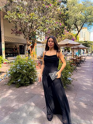 VESTIDO LONGO CREPE DE SEDA DE ALCINHA COM DETALHE DRAPEADO NO BUSTO PRETO