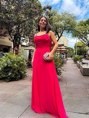 VESTIDO LONGO ZIBELINE OMBRO A OMBRO COM FLOR REMOVIVEL FENDA LATERAL PINK