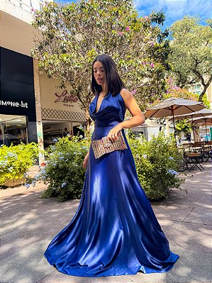VESTIDO LONGO SEDA GOLA BOBA AMARRAÇÃO COSTA AZUL MARINHO