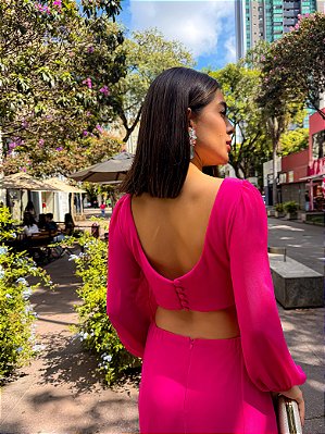VESTIDO LONGO CHIFON COM MANGA LONGA VAZADO NAS COSTAS COM BOTÕES SAIA PINK