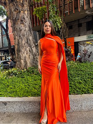 VESTIDO LONGO PRADA COM ELASTANO UM OMBRO SÓ COM ECHARPE LARANJA