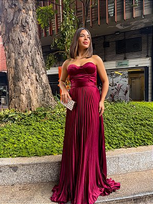 VESTIDO LONGO SEDA TOMARA QUE CAIA COM CORPETE SAIA PLISSADA MARSALA