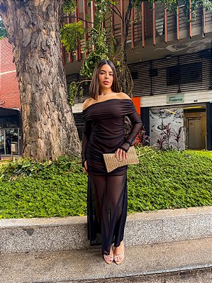 VESTIDO LONGO CHIFON TOMARA QUE CAIA  MANGA LONGA DRAPEADO PRETO