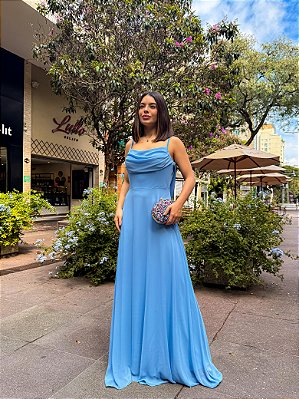 VESTIDO LONGO CREPE DE SEDA DE ALCINHA COM DETALHE DRAPEADO NO BUSTO AZUL SERENITY