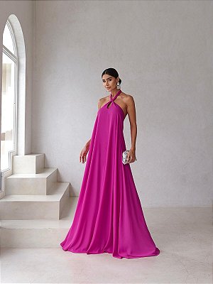 VESTIDO LONGO CHIFFON GOLA ALTA COM FITA  FUCSIA