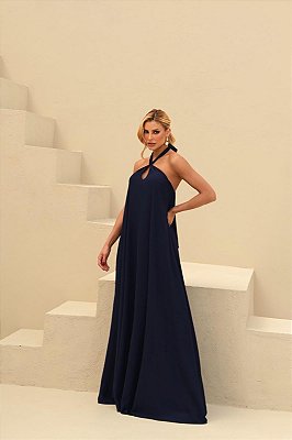 VESTIDO LONGO CHIFFON GOLA ALTA COM FITA AZUL MARINHO