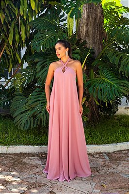 VESTIDO LONGO CHIFFON GOLA ALTA COM FITA ROSE