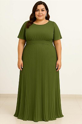 VESTIDO LONGO CREPE DE SEDA DECOTE REDONDO COM CAPA SAIA PLISSADA VERDE OLIVA