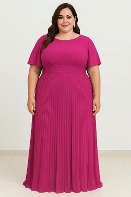 VESTIDO LONGO CREPE DE SEDA DECOTE REDONDO COM CAPA SAIA PLISSADA FUCSIA