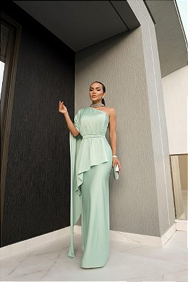 VESTIDO LONGO ACETINADO ESTILO CORPETE BUSTO ESTRUTURADO GOLA BORDADA VERDE MENTA