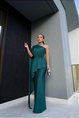 VESTIDO LONGO ACETINADO ESTILO CORPETE BUSTO ESTRUTURADO GOLA BORDADA  VERDE PETROLEO  ST
