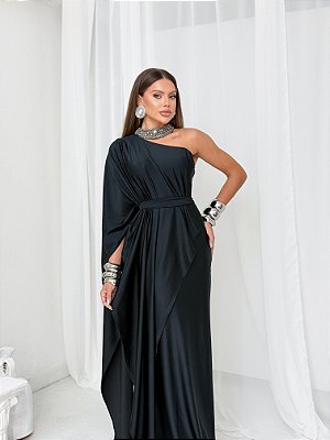 VESTIDO LONGO ACETINADO ESTILO CORPETE BUSTO ESTRUTURADO GOLA BORDADA PRETO  ST