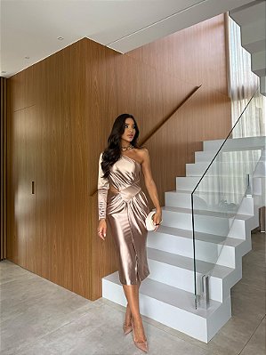 VESTIDO MIDI PRADA UM OMBRO SÓ MANGA LONGA COM DETALHE ABERTO DO LADO DOURADO