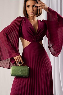 VESTIDO LONGO CREPE DE SEDA MANGA MORCEGO PLISSADA COSTAS VAZADA FUCSIA AXEL