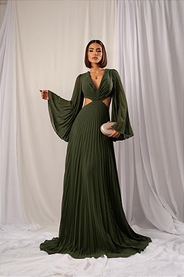 VESTIDO LONGO CREPE DE SEDA MANGA MORCEGO PLISSADA COSTAS VAZADA VERDE OLIVA  AXEL
