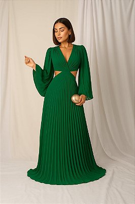 VESTIDO LONGO CREPE DE SEDA MANGA MORCEGO PLISSADA COSTAS VAZADA VERDE ESMERALDA   AXEL
