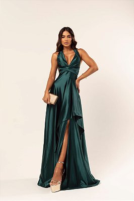VESTIDO LONGO PRADA COM ELASTANO FRENTE UNICA FENDA LATERAL VERDE OLIVA