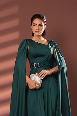 VESTIDO LONGO PRADA COM ELASTANO MANGA CAPA COM FIVELA NA CINTURA VERDE ESMERALDA