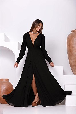 VESTIDO LONGO MICROTULLE MANGA LONGA DECOTE PRETO