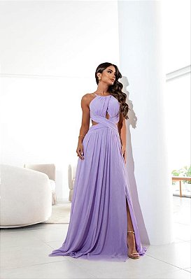 VESTIDO LONGO MICROTULE FRENTE UNICA DECOTE CINTURA TRANSPASSADO FENDA LATERAL LILAS