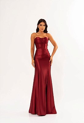 VESTIDO LONGO PRADA COM ELASTANO TOMARA QUE CAIA FENDA LATERAL MARSALA