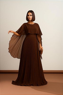 VESTIDO LONGO PLISSADO COM MANGA CAPA MARRON