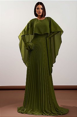VESTIDO LONGO PLISSADO COM MANGA CAPA VERDE OLIVA
