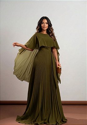 VESTIDO LONGO PLISSADO COM MANGA CAPA VERDE OLIVA