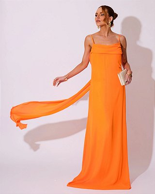 VESTIDO LONGO CREPE DE SEDA DE ALCINHA COM DETALHE DRAPEADO NO BUSTO LARANJA