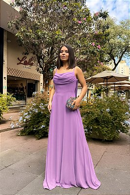 VESTIDO LONGO CREPE DE SEDA DE ALCINHA COM DETALHE DRAPEADO NO BUSTO LILAS
