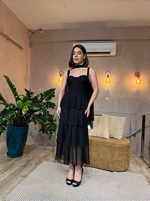 VESTIDO MIDI MICROTULLE ALÇA LARGA CAMADAS PRETO