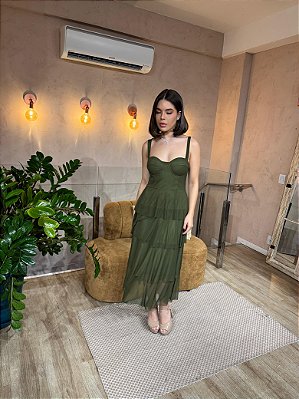 VESTIDO MIDI MICROTULLE ALÇA LARGA 3 MARIAS VERDE OLIVA