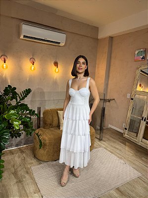 VESTIDO MIDI MICROTULLE ALÇA LARGA 3 MARIAS BRANCO