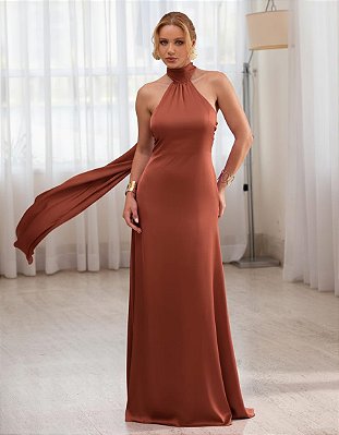 VESTIDO LONGO GOLA ALTA SEDA COM AMARRAÇÃO COSTA NUA  TERRACOTA